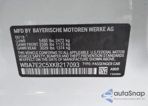 2019 BMW 740 I из США, поврежденный, VIN WBA7E2C5XKB217093
